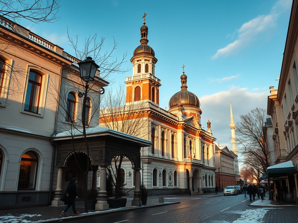 Городская улица с историческим зданием и церковными куполами на фоне солнечного неба и зимних деревьев.